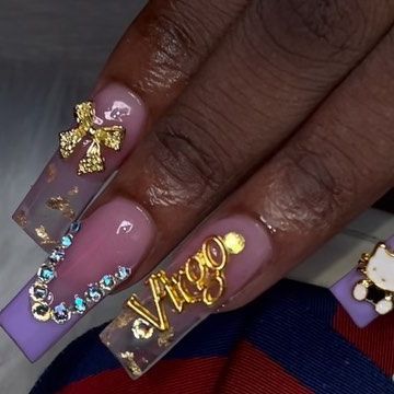 RANCHO CUCAMONGA CA ACRYLIC NAILS, TOES, & PRESS ONS on Instagram: "Virgo bby 💜 Message @nailedbypalma to book your hand & toe combos! @kawaiixnii zodiac charms discount code “PALMA” @dimenailsupply square tips discount code “PALMA10” • • • #baddienails #handandtoe #frenchtiptoes #acrylictoes #prettytoes #prettyfeetgang #virgonails #purplenails #goldnails #nailcharms #ienails #ienailtech #nailinspo #explorepage #hellokittynails #blingnails #ranchocucamonganails #fontananails #ontarionails # Virgo Acrylic Nails Designs, Birthday Nails Charms, Virgo Bday Nails, Virgo Nail Ideas, Libra Nails Acrylic, Virgo Inspired Nails, Leo Nails Zodiac, Virgo Nails Acrylic, Libra Nails Design