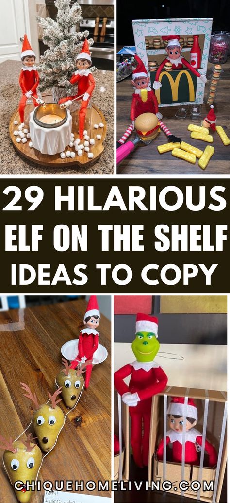 Bring laughs to your holiday season with these Funny Elf on the Shelf Ideas that kids (and adults) will love! From mini marshmallow hot tub parties and sneaky cookie heists to elf TP-ing the Christmas tree and leaving funny notes, these ideas are guaranteed to spark joy every morning. Try having your elf zip-line across the room with candy cane hooks or " Elf On The Shelf Ideas For Kids Not Behaving, Elf On The Shelf Ideas For Three Elfs, Hide And Seek Elf On The Shelf Ideas, I Like Big Buns Elf On The Shelf, Elf On The Shelf Have Fun At School, Elf On The Shelf With Christmas Tree, How To Get Your Elf To Pose, Family Elf On The Shelf Ideas, School Elf On A Shelf Ideas