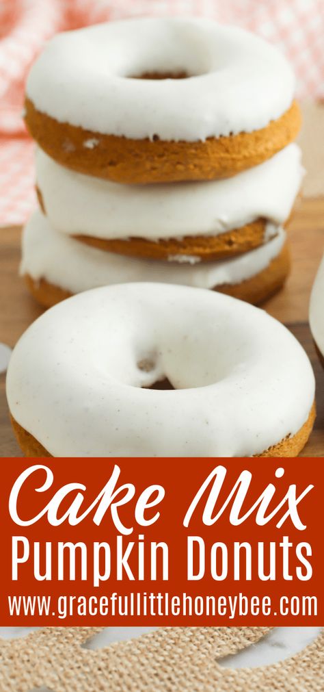 Pumpkin Donut Cake Mix Recipes, Pumpkin Spice Cake Donut Recipe, Cake Mix Donut Holes, Pumpkin Donuts Baked Cake Mixes, Pumpkin Spice Cake Mix Donuts Baked, Icing For Donuts, Cake Mix Doughnuts Baked, Easy Pumpkin Treats, Donuts From Cake Mix Baked