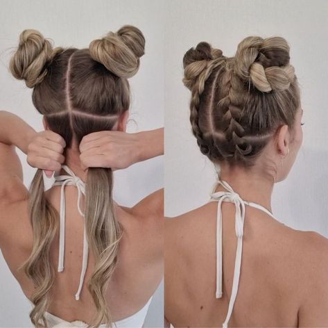 Pool Day Braided Space Buns 💦🔫☀️ | Pool Day Braided Space Buns 💦🔫☀️ | By Simple Summer Up Dos Long Hair, Braided Space Buns, Chic Bun, Rave Hair, Space Buns, Peinados Fáciles Para Cabello Corto, Work Hairstyles, Pool Day, Hair Stylies