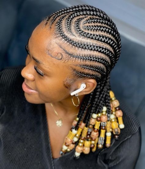 Short Beaded Braids with Swoopy Cornrows Braid All Back Styles, Short All Back With Beads, Cool Braids For Short Hair, Short All Back Braid Styles, Simple Conrows Lines And Braids, Four Braids Cornrow Natural Hair, Conrow Ponytails Braids, Cornrow With Natural Hair, Short Natural Hair Cornrow Styles