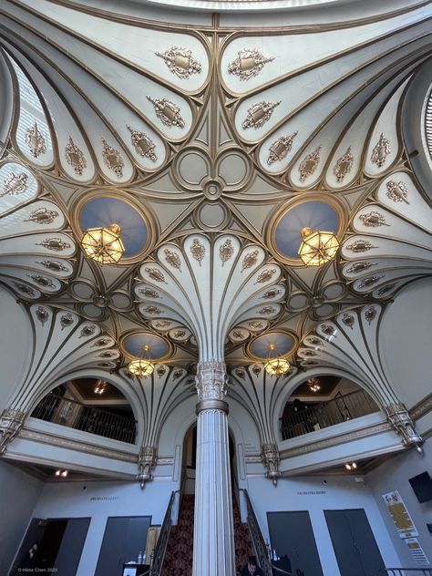 Restored lobby of the Golden Gate Theater 2023 • Gothic rib vaulted ceiling. Gothic Vaulted Ceiling, Gothic Ceiling, Theater Lobby, Gothic Tracery, Kingdom Design, Theatre Aesthetic, Ribbed Vault, Jewelry Showroom, Advanced Higher Art