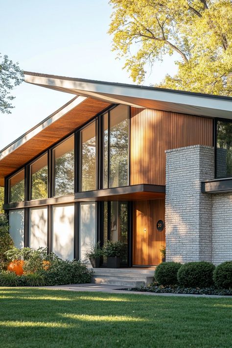 Ranch Mid Century Modern Exterior, Modern Wood Exterior House, Mid Century Modern Exterior House, Midcentury Modern Exterior, Modern Roof Design, Mid Century Modern House Exterior, Midcentury Modern House, Mid Century Modern House Plans, Mid Century Modern Architecture