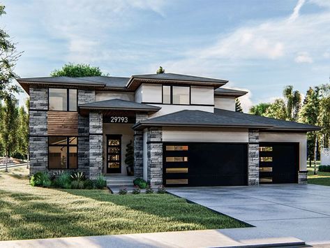 050H-0311: Modern Two-Story House Plan; 2655 sf Modern Prairie, Palmer House, Prairie House, Prairie Style Houses, Contemporary House Exterior, Monster House Plans, Two Story House, Modern Style House Plans, Contemporary House Plans