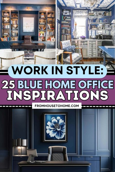 work in style: 25 blue home office inspirations Navy Wall Office Ideas, Periwinkle Office Ideas, Home Office With Blue Accents, Navy Blue Home Office Ideas, Home Office Ideas Blue, Blue Home Office Walls, Dark Blue Office Design, Nautical Home Office, Blue Home Office Design