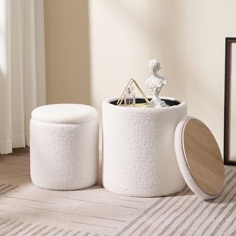 Ottoman Stool Storage, Stools For Vanity, Cute Ottomans, Boucle Storage Ottoman, Stool Aesthetic, Stool For Vanity, Round Ottoman With Storage, Christian Bedroom, Small Round Ottoman