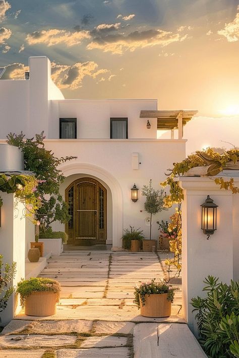 Mideterranean House Aesthetic, Beach House Mediterranean, Modern Mediterranean Facade, Mediterranean Modern Homes, New Mediterranean Interior, Mediterranean Mood Board, Modern Spanish House Exterior, New Mediterranean Design, Modern Mediterranean House