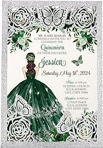 DORIS HOME 50Pcs Butterfly Quinceanera Invitation Emerald Green for 15 year, Sweet 16, Miss XV, Birthday Laser Cut Quince Invitation Cards Personalized Glitter Silver Invitations For Quinceanera, Emerald Green Butterfly, Quince Invitations, Butterfly Invitations, Quince Decorations, Green Invitations, Quinceanera Invitation, Quinceanera Themes, Quinceanera Party