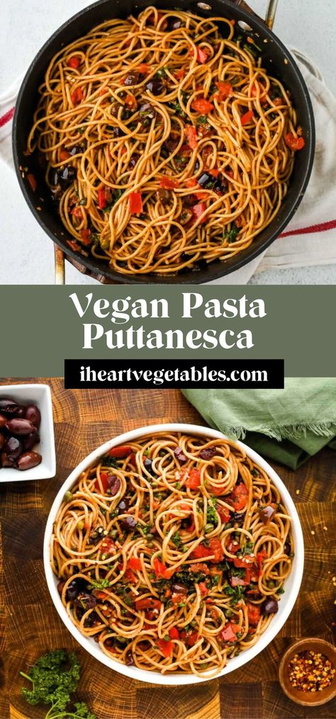 This Vegan Pasta Puttanesca is a simple Italian pasta dish featuring olives, capers, garlic, and tomatoes for a pantry-friendly meal that comes together quickly! Pasta Recipes Pesto, Pasta Putanesca, Simple Italian Pasta, Tiramisu Italian, Pasta Puttanesca Recipe, Gluten Free Pasta Dishes, Recipes Pesto, Simple Vegetarian Recipes, Puttanesca Sauce