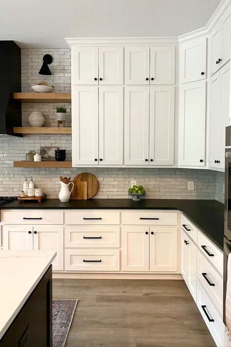 upper kitchen cabinet dimensions Kitchen Cabinet Dimensions, Shaker Style Kitchen Cabinets, Lake Kitchen, Black Kitchen Countertops, Hardware Ideas, Mom Kitchen, Upper Kitchen Cabinets, Black Counters, Shaker Style Cabinets