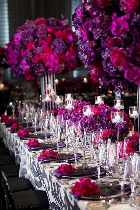 Red And Purple Table Decorations, Fuschia And Purple Wedding, Purple Red Flower Arrangements, Purple Pink Flower Arrangement, Purple Pink Red Flower Arrangement, Purple And Pink Wedding Decorations, Purple Flower Arrangements Wedding, Pink And Purple Floral Arrangements, Purple And Pink Party