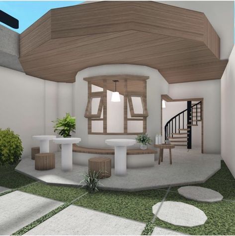 Bloxburg Zen House, Bike Rack Bloxburg, Front Yard Bloxburg Ideas, Bloxburg Open Space Ideas, Bloxburg Modern Mansion, Dream House Ideas Kitchens, Bloxburg House Builds, Bloxburg Beach House, Modern Mansions