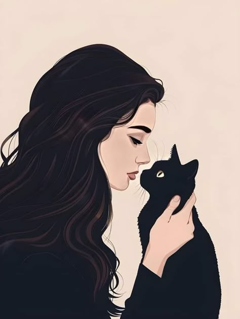 Cat Sitter, Black Cat Art, Girly Art Illustrations, Cat Aesthetic, Cat Wallpaper, Cat Painting, Digital Art Girl, Cat Illustration, Cat Girl