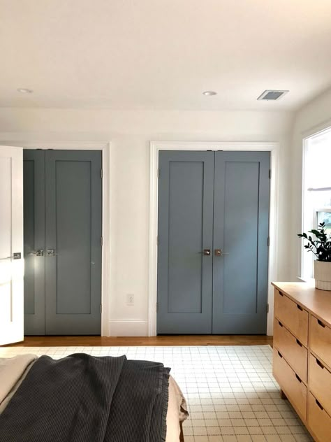 Moody Blue Paint Colors, Sherwin Williams Jogging Path, Moody Blue Paint, Stone Paint Color, Blue Interior Doors, Jogging Path, Closet Doors Painted, Grey Painted Kitchen, Painted Closet