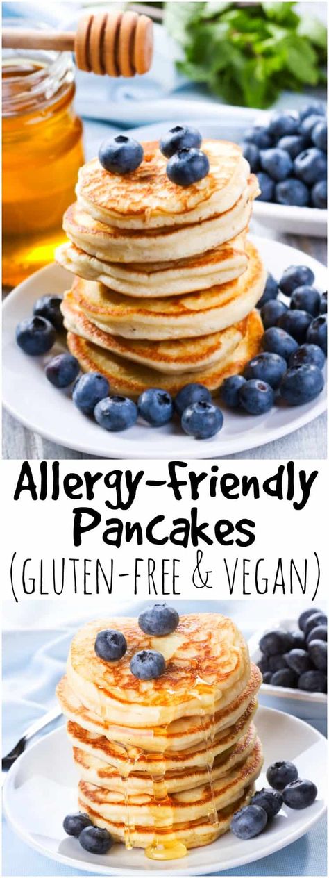 These allergy friendly pancakes are the perfect gluten-free, dairy-free, and egg-free pancakes the whole family will devour! Vegan Gluten Free Pancakes, Pancakes Sans Gluten, Egg Free Pancakes, Smoothie Bowl Vegan, Dairy Free Pancakes, Pancakes Vegan, Dairy Free Smoothies, Gluten Free Egg Free, Egg Free Recipes