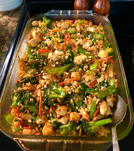 Teriyaki chicken stir-fry is one of my favorite meals. I decided to put all the elements together so we could enjoy it in a casserole! It turned out great! You’ll love this! Here’s what you need:1/2 cup water 3/4 cup lower sodium soy sauce 1/4 cup honey 1 t minced fresh ginger 1/2 t minced fresh garlic 2 T cornstarch plus 2 T water 1 T olive oil 2 lb chicken tenderloins, cut up in small pieces 1 bag (12-16 oz) fresh stir-fry veggie mix found in the produce section ( broccoli, carrots, snow ... Broccoli And Carrot Stir Fry, Stir Fry Casserole Recipes, Stir Fry Casserole, Stir Fry Chicken And Veggies, Teriyaki Chicken Casserole, Accessible Bathrooms, Teriyaki Chicken Stir Fry, Oven Meals, Recipes Chinese