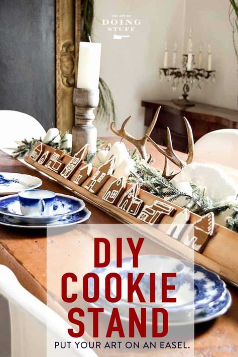 Your cookies are works of art (I mean, mine aren't, but yours probably are) so display them like they are! Make this cookie display stand in about 30 minutes. via @artofdoingstuff Diy Cookie Stand, Diy Cookie Display Stands, Christmas Cookie Display Ideas, Cookie Stand Display, Cookie Display Stand, Christmas Booth Ideas, Craft Fair Display Table, Diy Christmas Cookies, Christmas Cookies Packaging