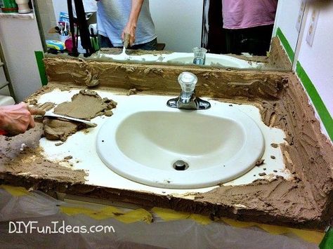 super easy concrete overlay vanity makeover, bathroom ideas, concrete masonry, concrete countertops, diy, home decor Bathroom Vanity Redo, Diy Concrete Counter, Concrete Countertops Kitchen Diy, Concrete Countertops Bathroom, Countertops Wood, Vanity Makeover, Concrete Overlay, Diy Bathroom Makeover, Bathroom Vanity Makeover