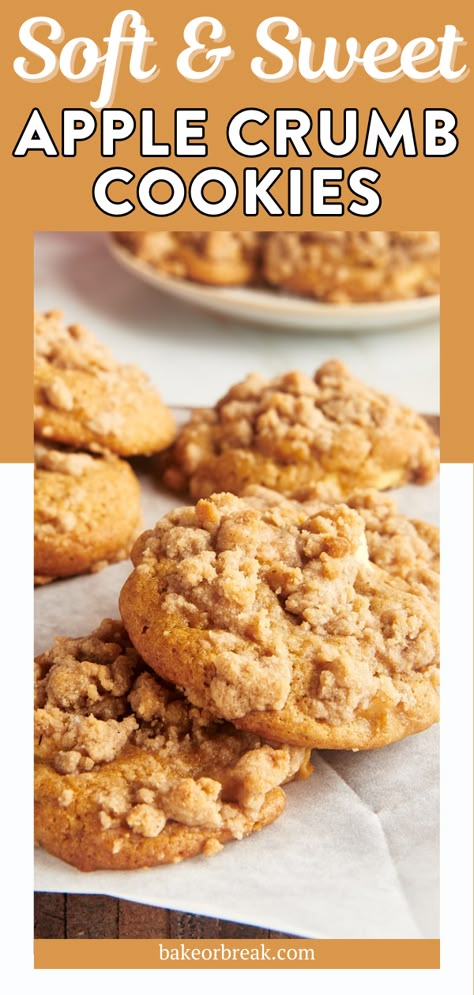 Fall in love with these Apple Crumb Cookies, packed with cozy spices and apple goodness. The crumbly topping adds both texture and style, making them a hit for any occasion. From their chewy base to their irresistible flavor, these cookies are a must-try! Apple Pie Cookies Crumbl, Apple Streusel Cookies, Apple Cobbler Cookies, Stuffed Apple Pie Cookies, Applesauce Raisin Cookies, Apple Pecan Cookies, Apple Crumble Cookie, Apple Strudel Cookies, Carmel Apple Cookies Recipes