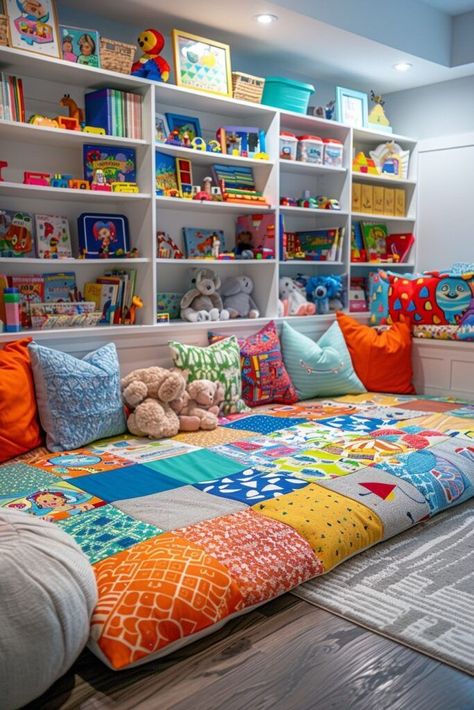 Colorful Playroom Design, Colorful Kids Playroom, Activity Room Design, Space Playroom Ideas, Diy Kids Bedroom Ideas, Boho Playroom Ideas, Diy Playroom Decor, Colorful Playroom Ideas, Toy Room Design