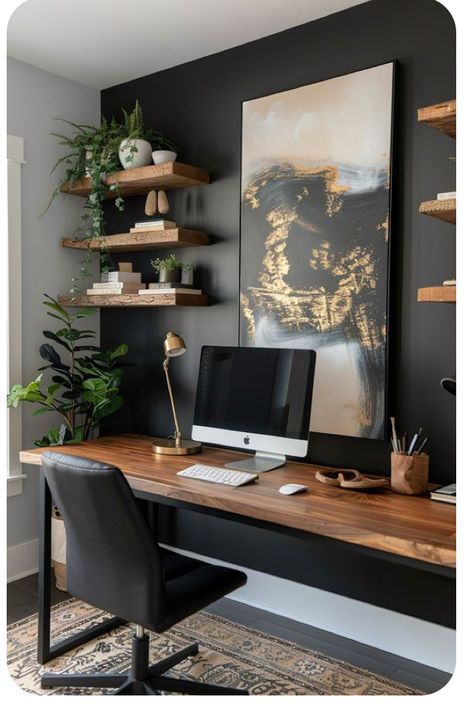 Black And Gold Office Interior Design, Modern Farmhouse Office Space, Home Office Light Fixture Ideas, Office Black Accent Wall, Office With Green Accent Wall, Home Office With Black Desk, Diy Office Decor Ideas, Black Study Room, Home Office Ideas Black Desk