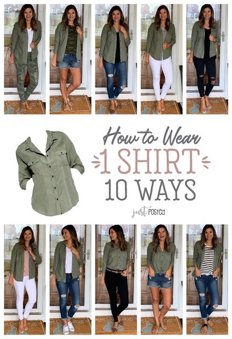 How to Wear One Green Shirt Ten Ways #justpostedblog #ShopStyle #shopthelook #MyShopStyle #OOTD #LooksChallenge #ContributingEditor #Lifestyle Green Shirt Outfits, Fashion Capsule Wardrobe, Looks Black, Fashion Capsule, Teacher Outfits, Green Shirt, Wardrobe Ideas, Style Mistakes, Dresses Summer