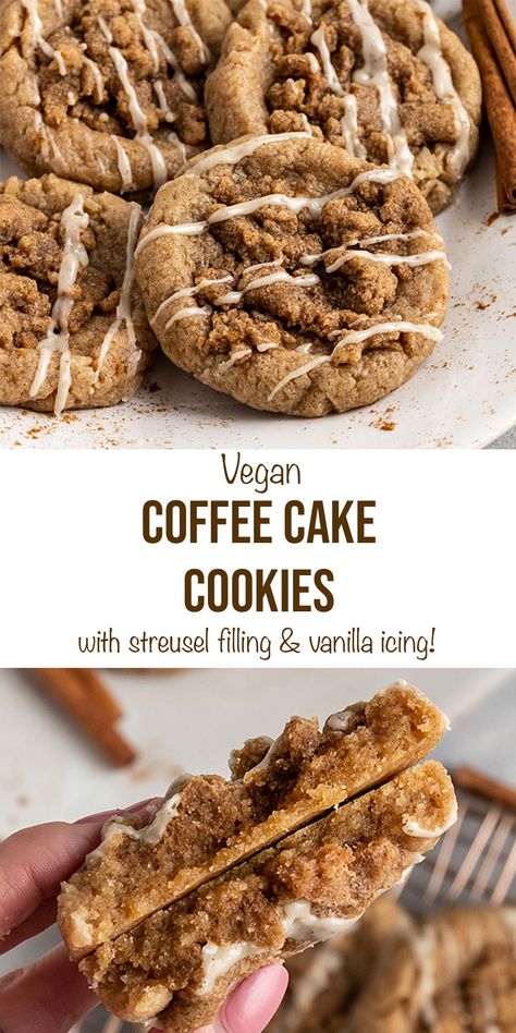 This Vegan Coffee Cake Cookie recipe is so delicious! With cinnamon cardamom spiced cookie dough, streusel filling, and vanilla bean icing, you will love these crumb cake cookies that are better than Crumbl or Gideons Bakehouse. #coffeecakecookies Vanilla Bean Icing, Vegan Coffee Cake, Coffee Cake Cookies, Vegan Coffee, Vegan Baking Recipes, Vegan Cookies Recipes, Desserts Vegan, Vegan Dessert Recipes, Vegan Treats