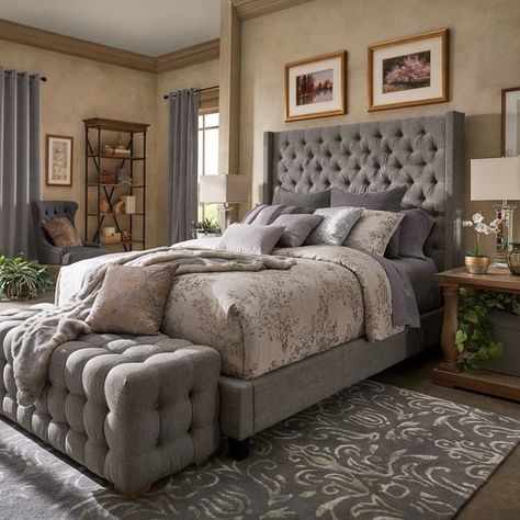 Naples Wingback Button Tufted Tall Headboard Platform Bed by iNSPIRE Q Artisan - On Sale - Bed Bath & Beyond - 19511627 High Headboard Bed, Headboard Beds, High Headboard Beds, Bedroom Decor Gray, High Headboard, Bespoke Beds, Headboard Bed, Cozy Homes, Cozy Bedrooms