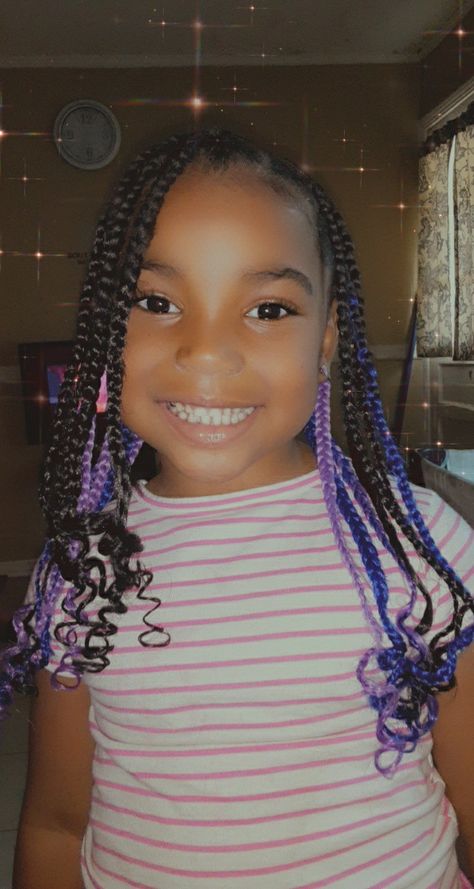 Purple, blue, and black knotless braids for a little girl Black And Purple Knotless Braids With Beads, Purple Beads Braids, Purple Braids For Kids, Purple And Black Box Braids, Box Braids Hairstyles Purple And Black, Kids Crochet Hairstyles, Girls Braided Hairstyles Kids, Purple Box Braids, Braid Styles For Girls