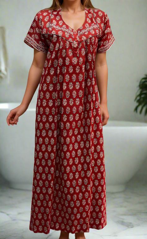 Red Tiny Floral Pure Cotton Nighty. Pure Durable Cotton | Laces and Frills Indian Nighty For Women, Feeding Nighty Designs Indian, Nighty Designs Indian Cotton, Indian Nighty, Nighty Designs Indian, Nighty Design, Plain Saree With Heavy Blouse, Nighty Designs, Saree With Heavy Blouse