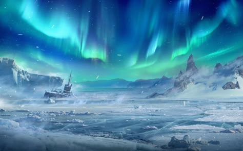 ArtStation - WoT_Wargaming.net Northern Lights Fantasy Art, Aurora Concept Art, Snow Planet Scifi Concept Art, Fantasy Ice Landscape, Ice Environment, Ice Illustration, Ice Background, Ice Landscape, Aurora Borealis Art