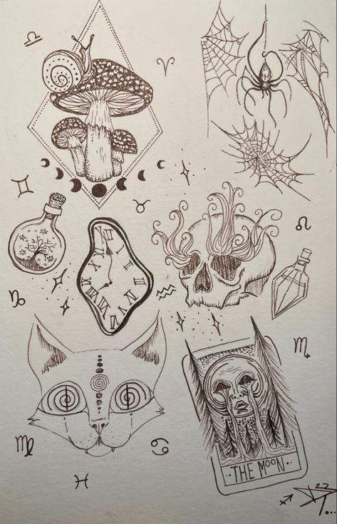 Mushroom Skull Tattoo Ideas, Weird Tattoos Creepy, Weird Mushroom Art, Tattoo Art Sketches, Mushroom Spider Tattoo, Weird Patchwork Tattoos, Cat Tattoo Patchwork, Cool Weird Tattoos, Creepy Patchwork Tattoo