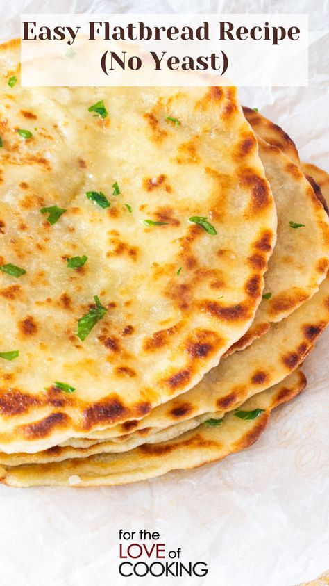 This delicious easy flatbread recipe (no yeast), is simple to throw together and makes the softest, fluffiest, homemade flatbread.  New Recipe ~ Easy Flatbread Recipe (No Yeast)   Link: https://fortheloveofcooking.net/recipe/easy-flatbread-recipe-no-yeast  #recipe #flatbread #homemadeflatbread #bread #easyrecipes Flat Bread Recipes Easy, Cheesy Flatbread Recipes, Simple Flatbread Recipe, Gf Flat Bread Recipe, Whole Wheat Flatbread Recipe, Flat Breads Recipe Easy, Lentil Flatbread Recipe, Flat Bread Recipe No Yeast, Easy Flat Bread Recipe