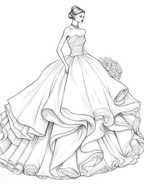 Princess Dress Drawing, Baju Kahwin, Gown Drawing, Fashion Coloring Book, Fashion Design Drawing, Fashion Illustration Collage, Fashion Drawing Sketches, Fashion Illustrations Techniques, Fashion Design Sketch