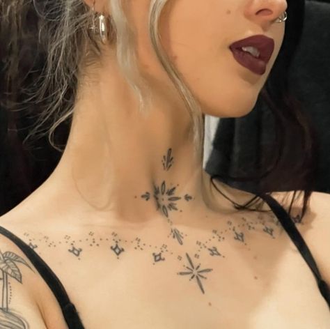 Lace Neck Tattoo For Women, Star Tattoo On Chest For Women, Center Of Neck Tattoo, Fine Line Throat Tattoos Women, Minimalist Throat Tattoo, Collar Bone Tattoo Ornamental, Suprasternal Notch Tattoo, Sternal Notch Tattoo, Low Neck Tattoo