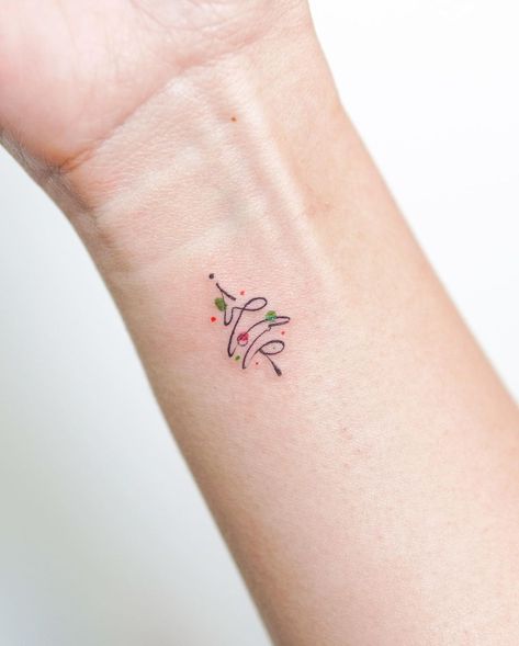 Christmas Tree Tattoo Small Simple, Thing 1 Thing 2 Tattoo, Tiny Fall Tattoos, Christmas Fine Line Tattoo, Simple Christmas Tattoo Ideas, Subtle Christmas Tattoo, Small Christmas Tattoos For Women, Fine Line Christmas Tattoo, Tiny Christmas Tattoo