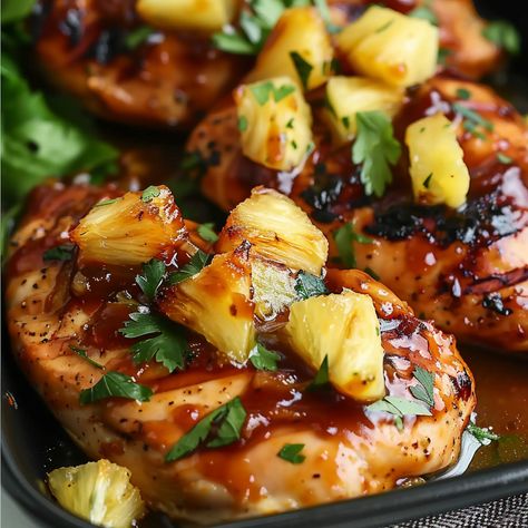 Pineapple BBQ Baked Chicken Breast Pineapple Chicken Breast, Baked Barbeque Chicken, Baked Pineapple Chicken, Bbq Pineapple Chicken, Bbq Baked Chicken Breast, Bbq Baked Chicken, Bbq Chicken Breast Recipe, Bacon Dinner, Pineapple Chicken Recipes