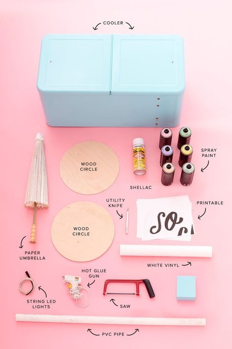 Make your ice cream dreams come true with this DIY ice cream cart tutorial. Diy Ice Cream Cart, Ice Cream Pool Party, Diy Ice Cream Bar, Ice Cream Cooler, Spray Paint Wood, Ice Cream For Breakfast, National Ice Cream Day, Ice Cream Stand, Pink Patch