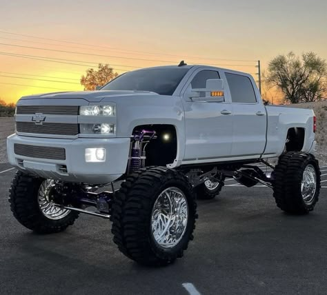 Lifted Pickup Trucks, High Trucks, Jacked Up Chevy Trucks, White Chevy Truck, Girly Trucks, Gmc Lifted Trucks, Trucks Chevy, Pimped Out Trucks, White Ford Truck