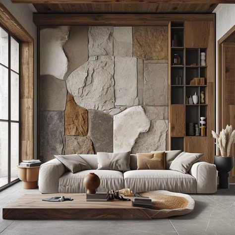 Rock Wall Living Room Ideas, Living Room Rock Wall, Living Room With Stone Wall Interior Design, Rock Wall Interior Living Room, Sofa Back Wall Design Living Rooms, Latest Wall Design, Sofa Back Wall Design, Stucco Decor, Indoor Stone Wall