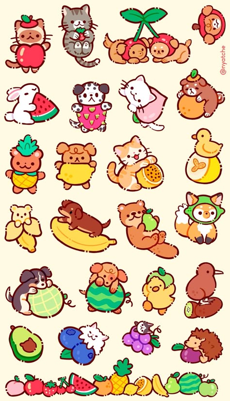 some cute fruits~  Check out my shop! Animal Journal Ideas, Fruit Animals Art, Cute Drawings To Print, Fruit Drawing Cute, Fruit Animals Drawing, Cute Capybara Drawing, Cute Fruit Drawings, Cute Fruit Stickers, Fruits Cartoon