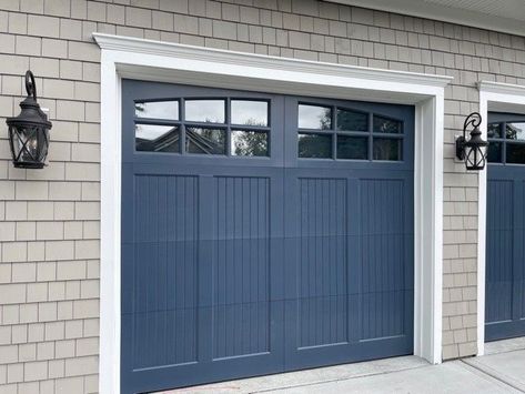 Garage Door Colors With White House, Unique Garage Doors, Garage Door Colors, White Garage, Garage Door Paint, Window Shutters Exterior, Custom Garage Doors, Houston Houses, White Exterior Houses