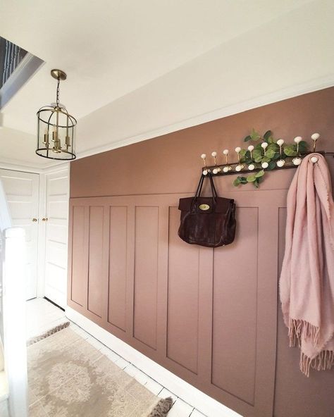 Pink Walls Hallway, Hallway Panneling Colour Ideas, Pink Hallway Panelling, Wall Panelling Utility Room, Sulking Room Pink Panelling, Pink Entrance Hall, Panel Hallway Ideas, Sulking Room Pink Hallway, Panneling Rooms Hallway