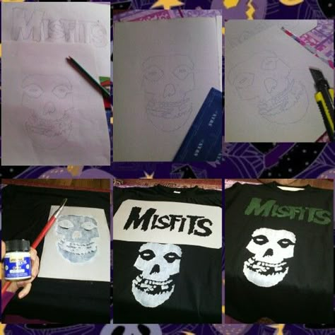 How to make a MISFITS T-shirt! First, draw a crimson ghost and the logo of the band. Than draw it again on a cardboard. You can use an insigo paper or draw it just omn the cardboard. Maybe it is easyer for you. Than cut it of with a scalper and use tape and put it on the tshirt. Than paint it with Textil Fabric Paint. And its finished. :D Diy Band Merch, Diy Band Tee, Band Tees Diy, Diy Band Shirt, Loser Girl, Band Shirt Ideas, To My Bf, Crimson Ghost, Misfits Shirt