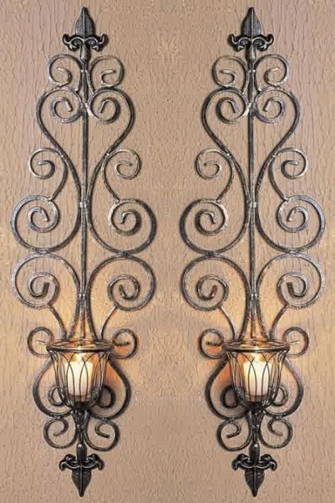 Wrought Iron Wall Candle Holders-Antique-Metal-Candle-Holders-For- Iron Wall Candle Holders, Wrought Iron Wall Decor, Hantverk Diy, Wrought Iron Design, Wrought Iron Decor, Wall Candle, Lan Can, Tuscan Decorating, Iron Wall Decor