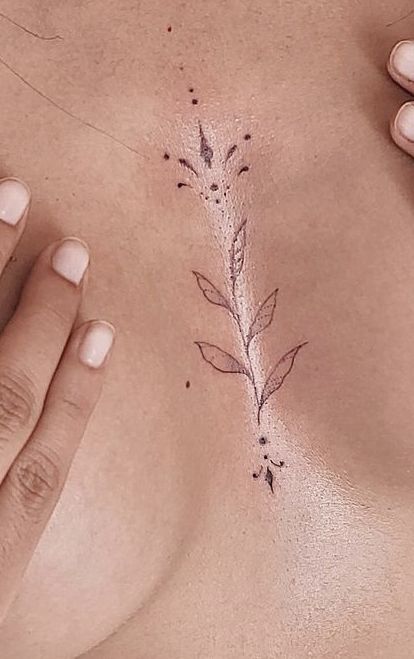 Small In Between Breast Tattoo, Below Breast Tattoo, Cute Sternum Tattoo, Sternum Floral Tattoo, Small Between Breast Tattoo, Middle Of The Chest Tattoo Women, Sternum Rose Tattoo, Vine Sternum Tattoo, Tattoo Ideas Between Breast