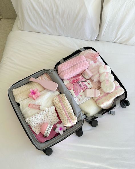 Travel essentials 🌸🎀🌺🍒🌼💖 #pinkgirl #pinkaesthetic #girly #travel #packwithme #travelwithme Suitcase Pink Aesthetic, Pretty Girly Things, Pink Life Aesthetic, Travel Aesthetic Packing, Cute Girly Stuff, Pack With Me For Vacation, Cute Girly Things, Girly Things Aesthetic, Packing Aesthetic