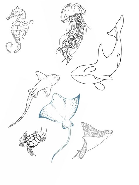 Fine Line Sea Creature Tattoo, Simple Sea Tattoo Ideas, Simple Ocean Animal Tattoo, Thigh Tattoos Women Ocean, Sting Ray Tattoo Simple, Sea Animal Tattoos For Women, Sea Life Tattoos For Women, Manta Ray Tattoo Design, Fine Line Ocean Tattoo