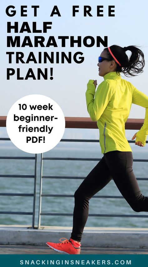 A woman running on a bridge along the water, with a text overlay that says get a free half marathon training plan. Half Marathon Training Plan Beginner, 10 Week Half Marathon Training, Marathon Training Plan Beginner, Run A Half Marathon, Gym Guide, Marathon Training For Beginners, Running Training Plan, Increase Endurance, Run Forest Run