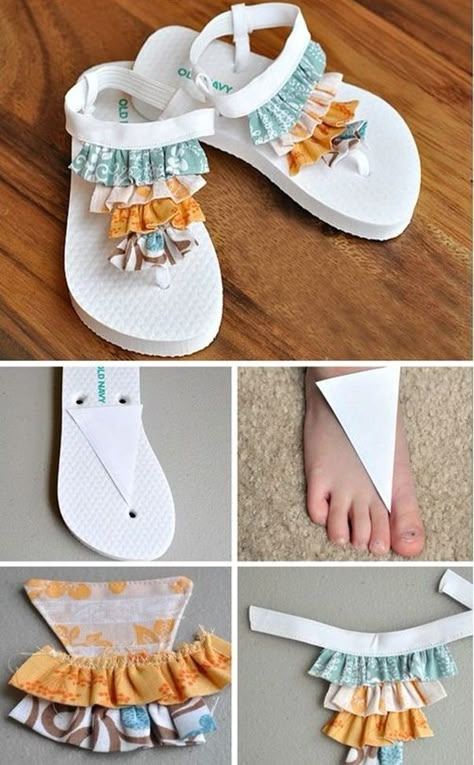 DIY Summer Flip Flop Makeover Ideas Tutorials - DIY Ruffled Flip Flops  #Refashion, #Shoes Rajutan Sandal, Flip Flop Craft, Diy Ruffle, Bohemian Crafts, Decorating Flip Flops, Shoe Refashion, Kids Clothes Diy, Diy Summer Crafts, Shoe Makeover